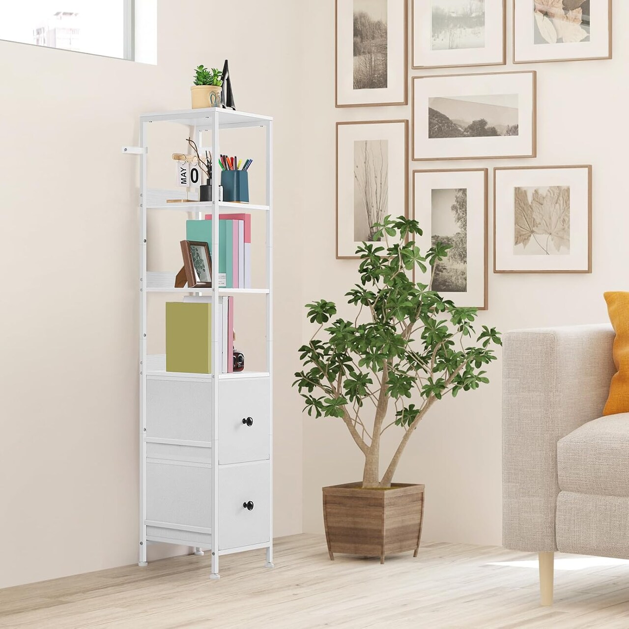 55.9" Tall Bathroom Storage Cabinet Freestanding - Slim Corner Organizer with 2 Drawers & 5 Shelves, Narrow Floor Cabinet for Bathroom, Kitchen, Living Room - White